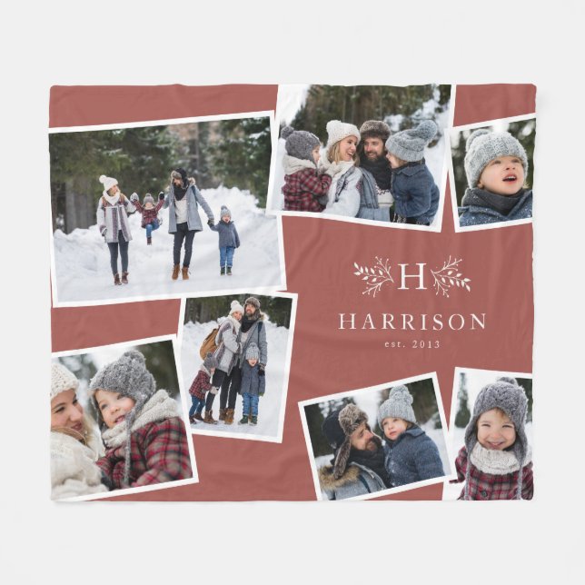 Rustic monogram family collage 7 photo dusty rose fleece blanket (Front (Horizontal))