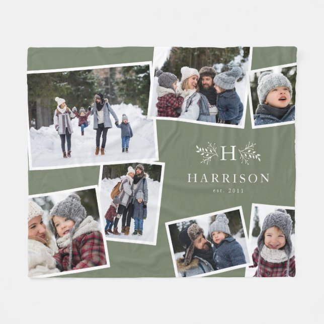 Rustic monogram family collage 7 photo sage green fleece blanket (Front (Horizontal))