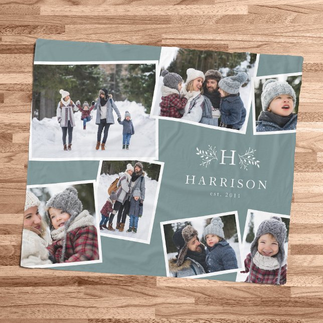 Rustic monogram family collage 7 photo teal fleece blanket (Creator Uploaded)