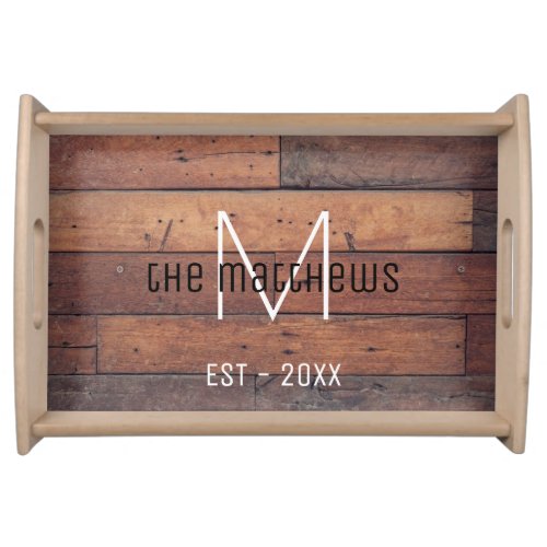 Rustic Monogram Family Name Barn Oak Farmhouse  Serving Tray