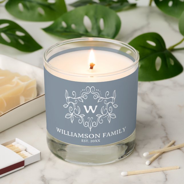 Rustic Monogram Family Name Dusty Blue Scented Candle (Lit)