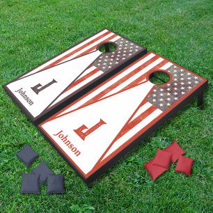 Rustic Monogram Family Name Patriotic USA Flag Cornhole Set