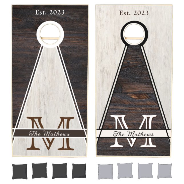 Rustic Monogram Family White Cream Brown Wood Cornhole Set (Set)