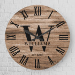 Rustic Monogram Farmhouse Custom Family Name Large Clock<br><div class="desc">Personalized Family Name, monogram, and year established Rustic Modern Wall clock in a trendy farmhouse style design with roman numeral clock face and light white wood plank / shiplap backdrop design. Perfect gift for newlyweds, wedding or housewarming present or grandparents gift, or for a home make-over in your cabin, cottage,...</div>