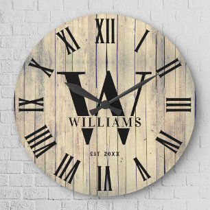 Rustic Monogram Farmhouse Custom Family Name Large Clock