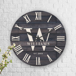 Rustic Monogram Farmhouse Custom Family Name Large Clock