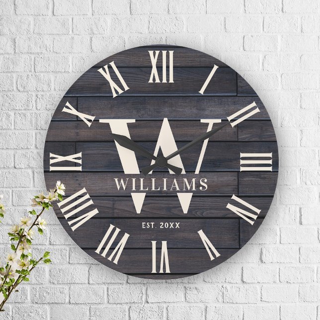 Rustic Monogram Farmhouse Custom Family Name Large Clock (Creator Uploaded)