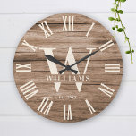 Rustic Monogram Farmhouse Custom Family Name Retro Large Clock<br><div class="desc">Personalized Family Name, monogram, and year established Rustic Modern Wall clock in a trendy farmhouse style design with roman numeral clock face and light white wood plank / shiplap backdrop design. Perfect gift for newlyweds, wedding or housewarming present or grandparents gift, or for a home make-over in your cabin, cottage,...</div>