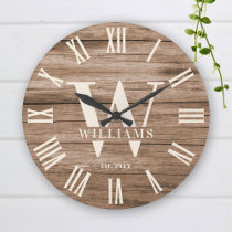 Rustic Monogram Farmhouse Custom Family Name Retro Large Clock