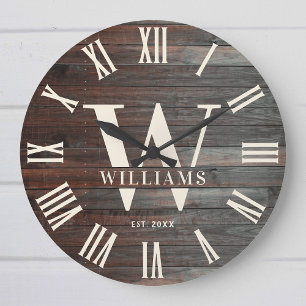 Rustic Monogram Farmhouse Custom Family Name Retro Large Clock