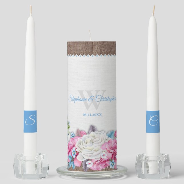 Rustic Monogram Floral Wedding Unity Candle Set (Front)