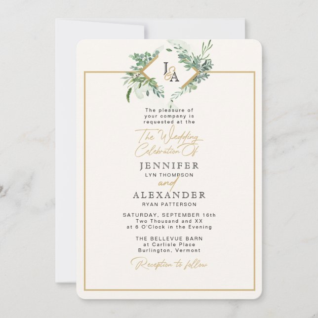 Rustic Monogram Gold Greenery Eucalyptus Wedding Invitation (Front)