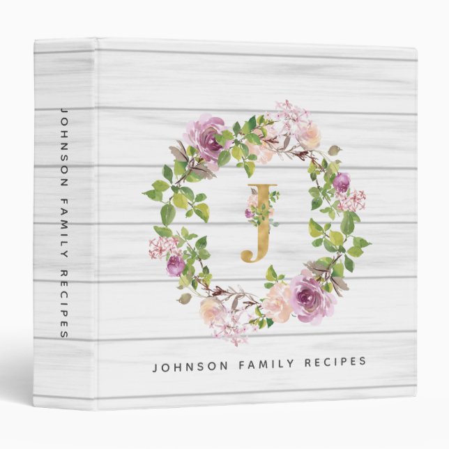 Rustic Monogram Gold J Floral Wreath Family Recipe 3 Ring Binder (Front/Spine)