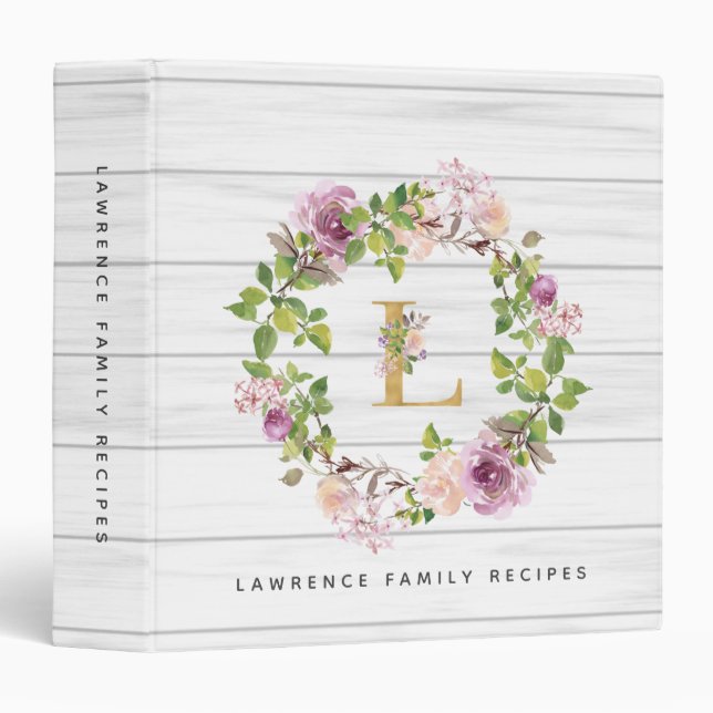 Rustic Monogram Gold L Floral Wreath Family Recipe 3 Ring Binder (Front/Spine)