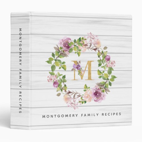 Rustic Monogram Gold M Floral Wreath Family Recipe 3 Ring Binder