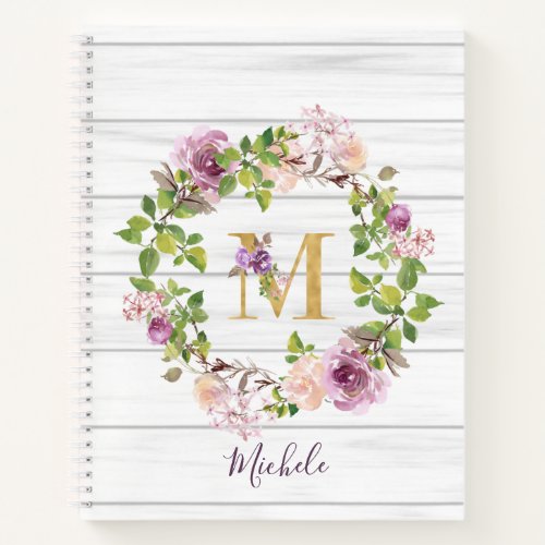 Rustic Monogram Gold M Name Floral Wreath Notebook