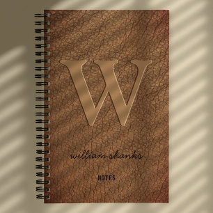 Rustic monogram gold script name brown leather notebook