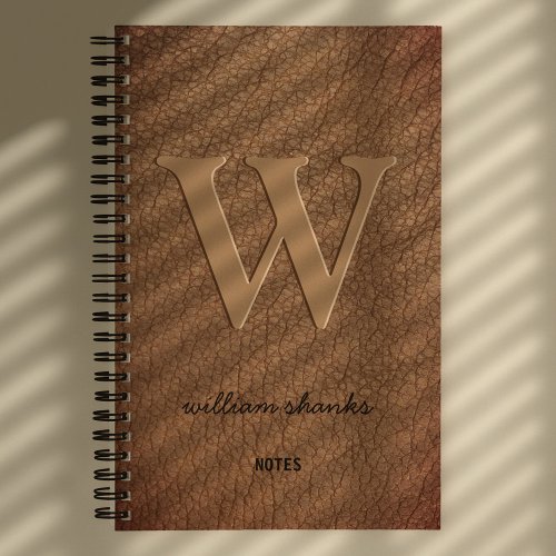 Rustic monogram gold script name brown leather notebook