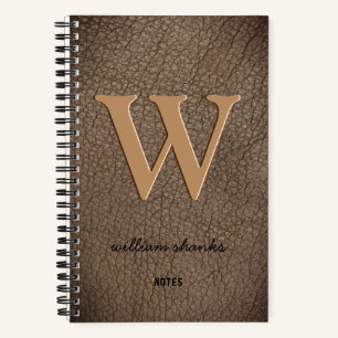 Rustic monogram gold script name leather notebook