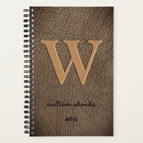Rustic monogram gold script name leather notebook