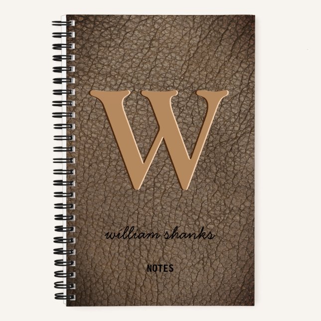 Rustic monogram gold script name leather notebook (Front)