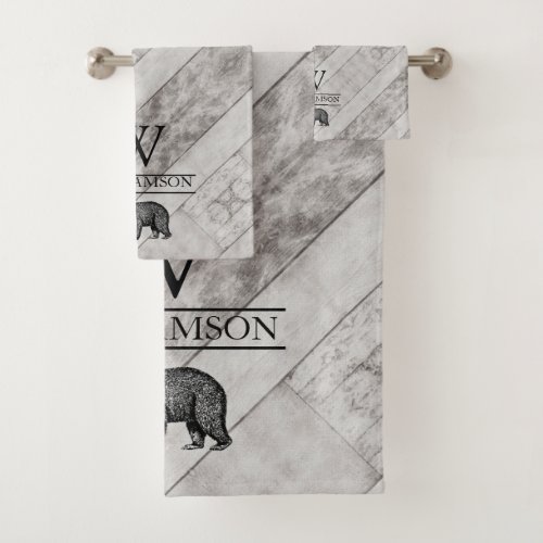 Rustic Monogram Gray Wood Bear Family Name Bath Towel Set