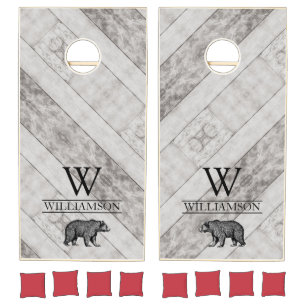 Rustic Monogram Gray Wood Family Name Cornhole Set