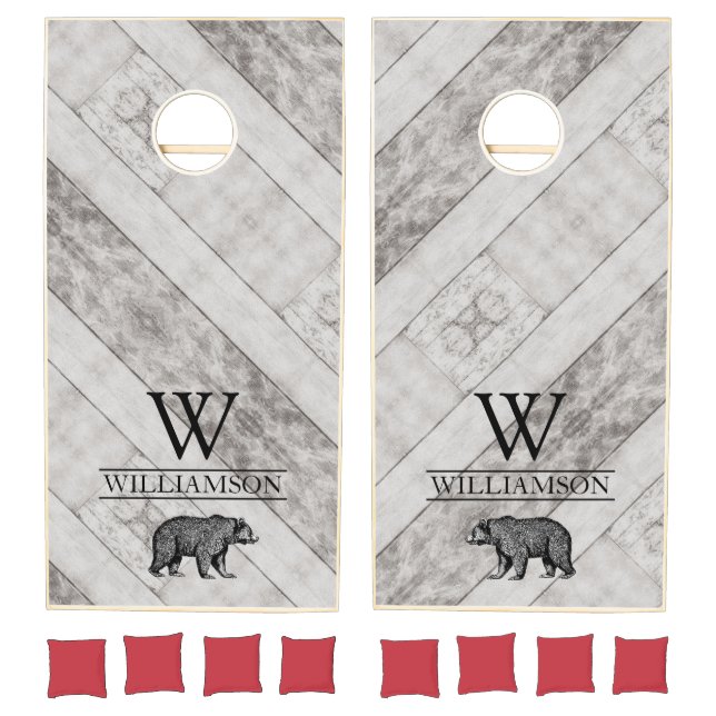 Rustic Monogram Gray Wood Family Name Cornhole Set (Set)