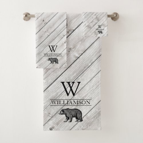 Rustic Monogram Gray Wood Walking Bear Family Name Bath Towel Set