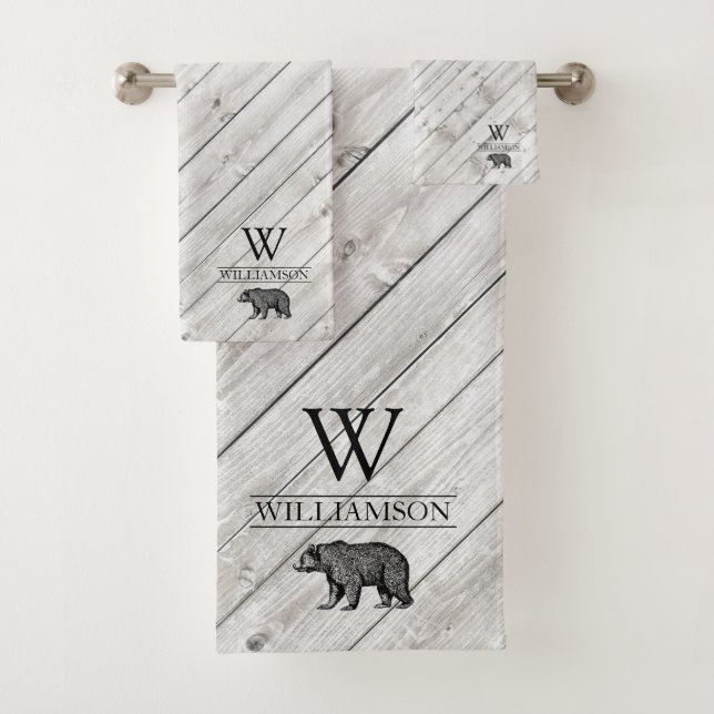 Rustic Monogram Gray Wood Walking Bear Family Name Bath Towel Set (Insitu)
