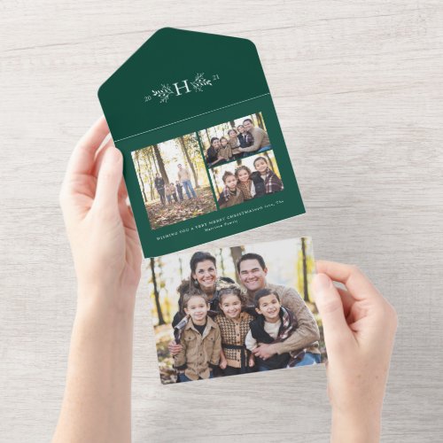 Rustic monogram green detachable holiday photo all in one invitation