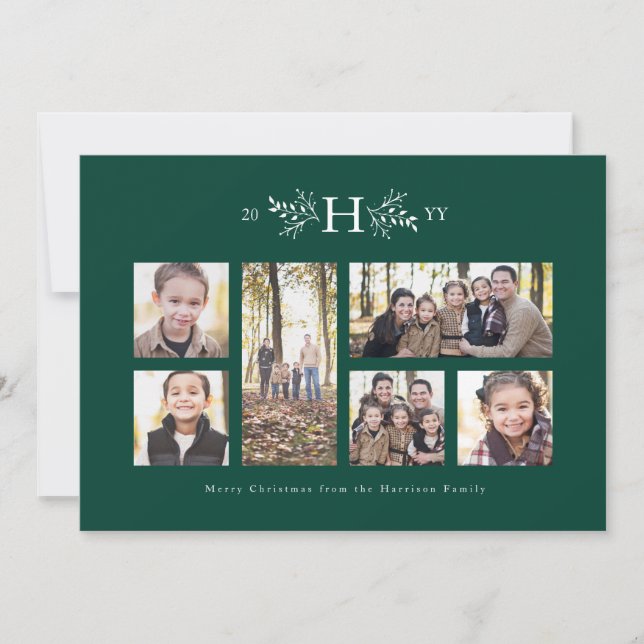 Rustic monogram green holiday photo collage card (Front)