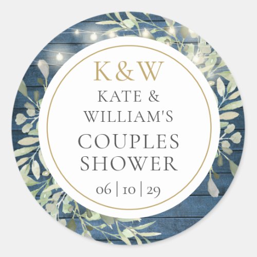 Rustic Monogram Greenery Couples Bridal Shower Classic Round Sticker