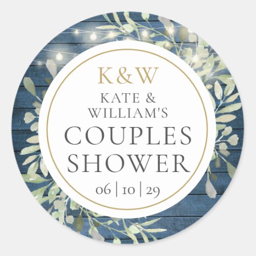 Rustic Monogram Greenery Couples Wedding Shower Classic Round Sticker