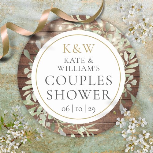 Rustic Monogram Greenery Couples Wedding Shower Classic Round Sticker