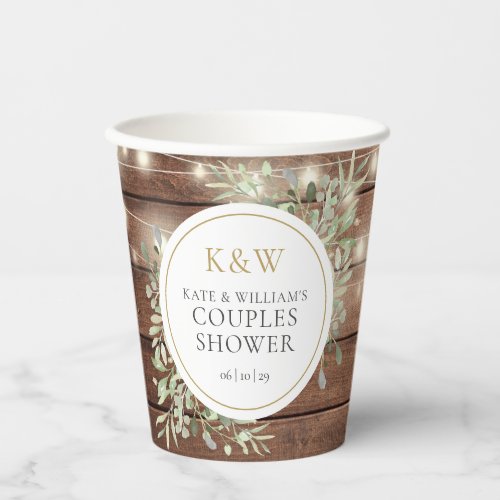 Rustic Monogram Greenery Couples Wedding Shower Paper Cups