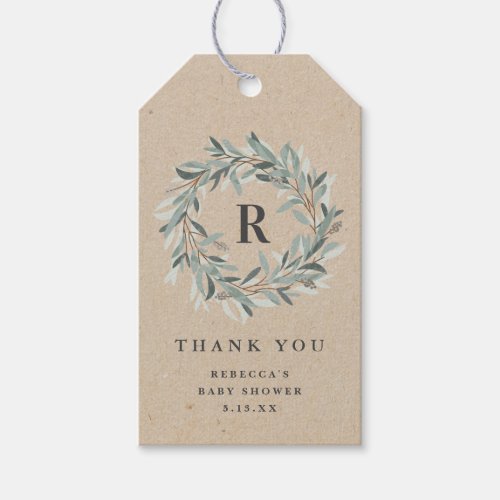 Rustic Monogram Greenery Wreath Baby Shower Gift Tags