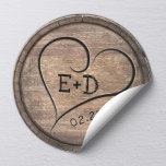 Rustic Monogram Heart Elegant Wooden Wedding Classic Round Sticker<br><div class="desc">Rustic Monogram Heart Elegant Wooden Wedding Stickers.</div>