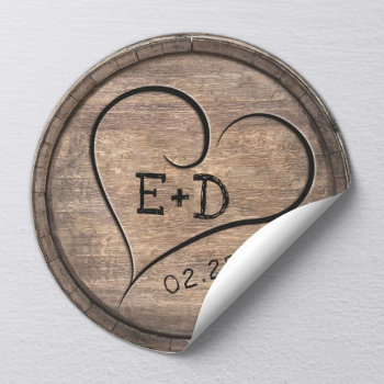 Rustic Monogram Heart Elegant Wooden Wedding Classic Round Sticker by myinvitation at Zazzle