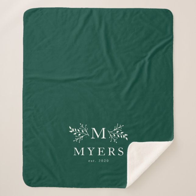 Rustic monogram holiday green personalized sherpa blanket (Front)