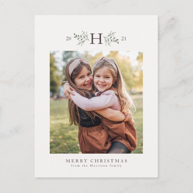 Rustic monogram holiday photo postcard (Front)