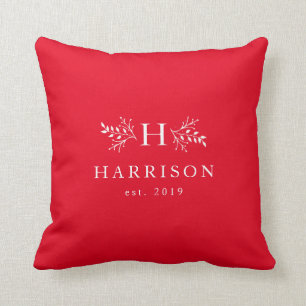 Rustic monogram holiday red newlywed throw pillow