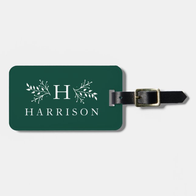 Rustic monogram hunter green luggage tag (Front Horizontal)