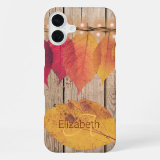 Rustic Monogram Initial Autumn Leaf Lights Wood iPhone 16 Plus Case