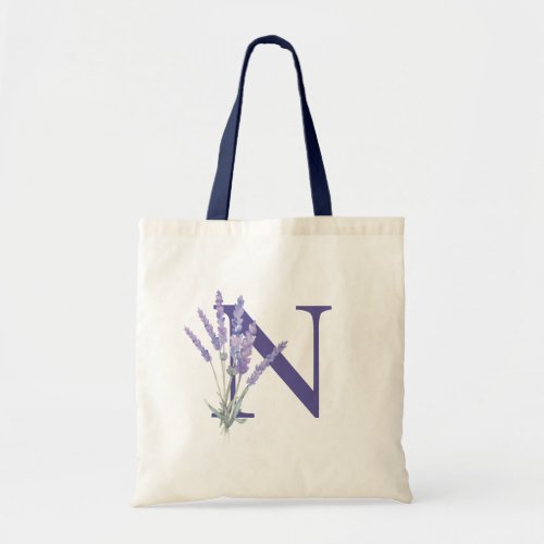 Rustic Monogram Initial Lavender Flower Watercolor Tote Bag