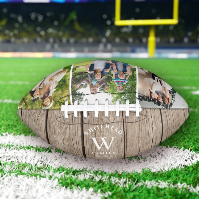 Rustic Monogram Light Wood Photo Collage Football (Creator Uploaded)