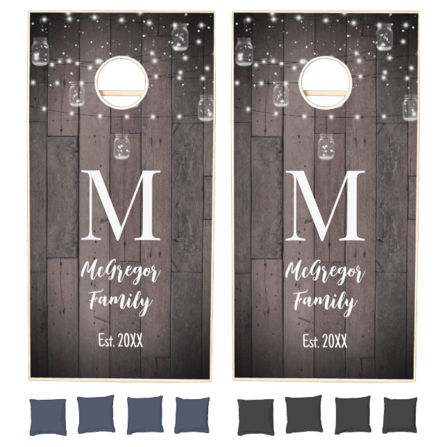 Rustic Monogram Mason Jar Lights Smoky Wood Cornhole Set (Set)