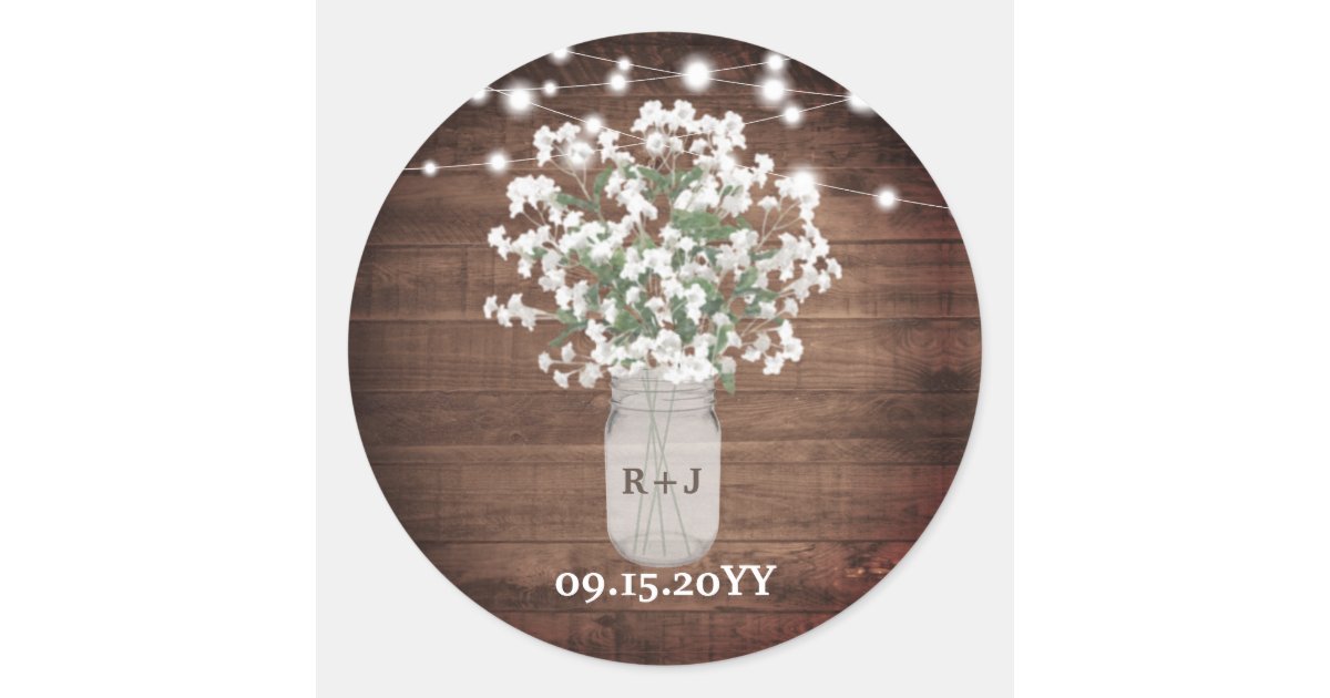 Rustic Monogram Mason Jar Vase Lights Wedding Classic Round Sticker ...