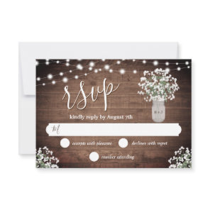 Rustic Monogram Mason Jar Vase Lights Wedding RSVP Card