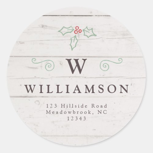 Rustic Monogram Mistletoe Farmhouse Return Address Classic Round Sticker